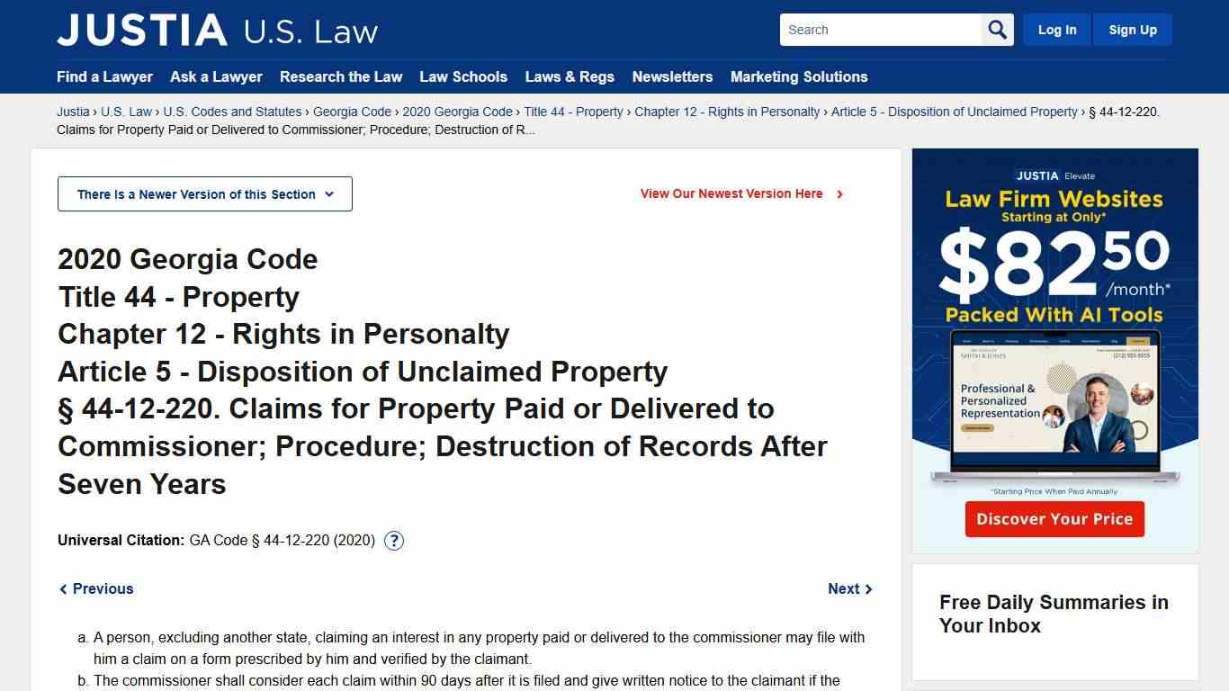 Georgia Code § 44-12-220 (2020) - Claims for Property Paid or Delivered to Commissioner; Procedure; Destruction of Records After Seven Years :: 2020 Georgia Code :: U.S. Codes and Statutes :: U.S. Law :: Justia