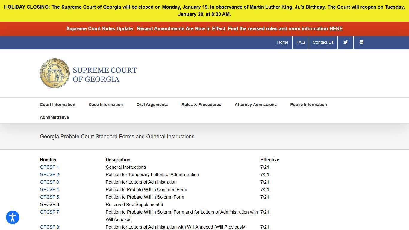 Georgia Probate Court Standard Forms and General Instructions – Supreme Court of Georgia