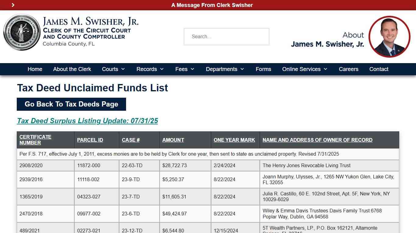 Tax Deed Unclaimed Funds List – Columbia Clerk of the Circuit Court & Comptroller