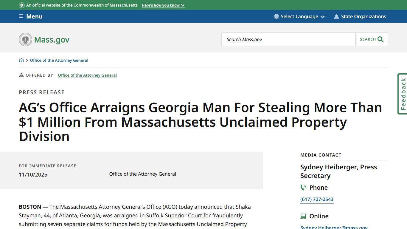 AG’s Office Arraigns Georgia Man For Stealing More Than $1 Million From Massachusetts Unclaimed Property Division | Mass.gov