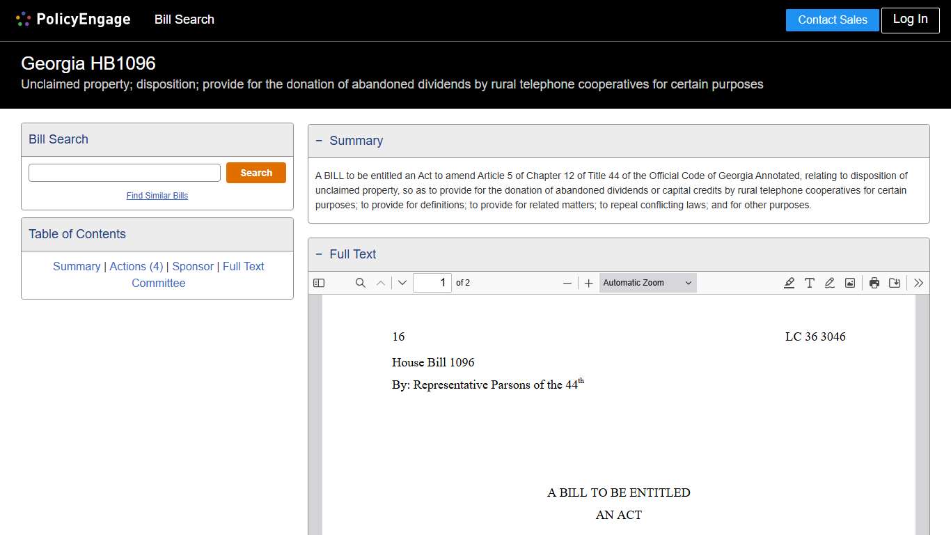 HB1096 | Georgia 2015-2016 | Unclaimed property; disposition; provide for the donation of abandoned dividends by rural telephone cooperatives for certain purposes - Legislative Tracking | PolicyEngage