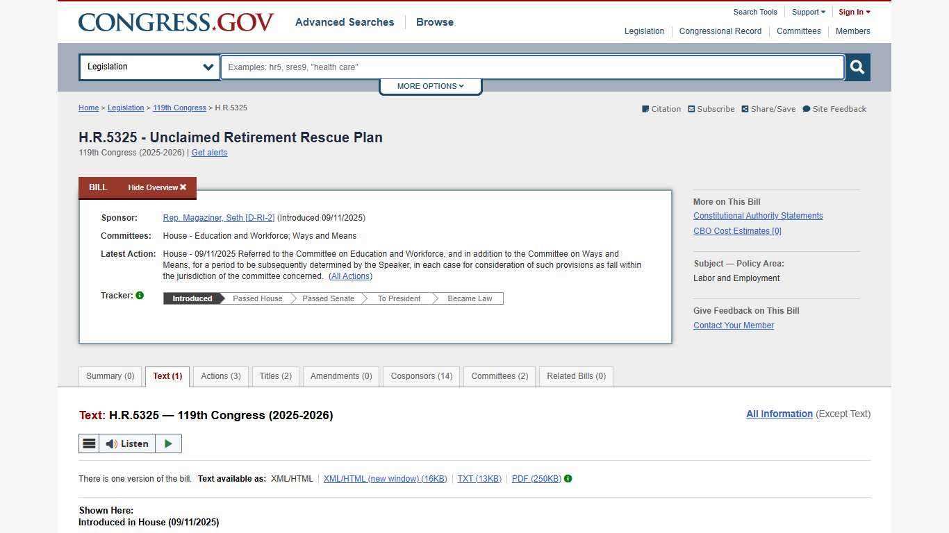 Text - H.R.5325 - 119th Congress (2025-2026): Unclaimed Retirement Rescue Plan | Congress.gov | Library of Congress
